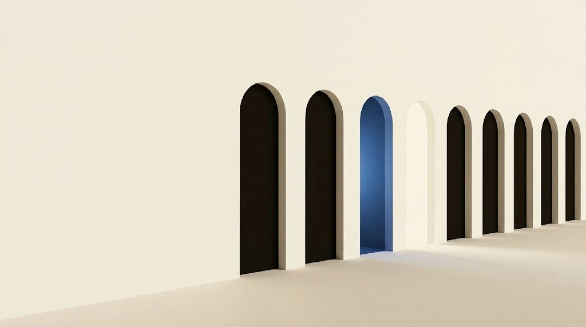 A long cream wall with a row of identical arched doorways. Most are dark. Two in the middle differ: one glows deep blue, one is pale and empty.