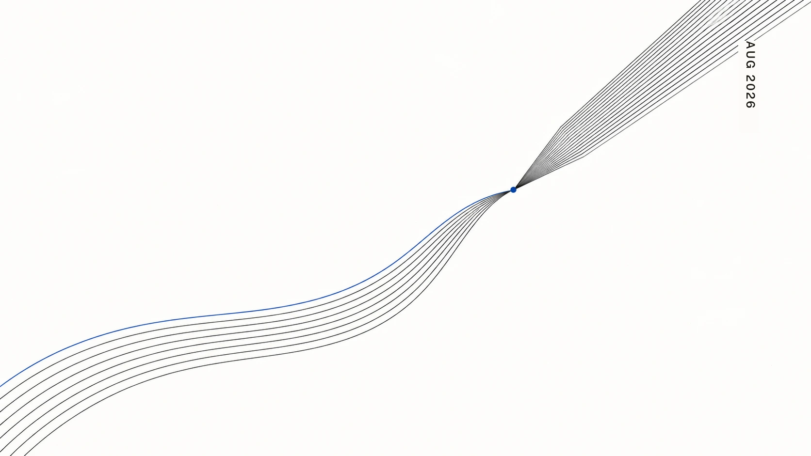A pencil formed of fine converging lines, a ribbon of thin parallel strokes flowing from its blue tip across cream paper