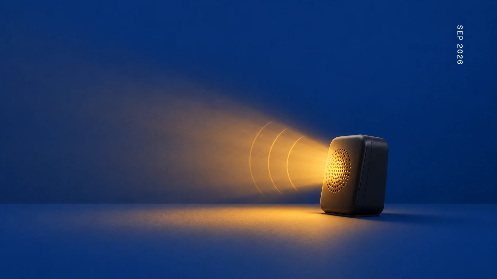 A small payment soundbox on a deep blue counter at dusk, warm golden light and sound arcs pouring from its speaker grille