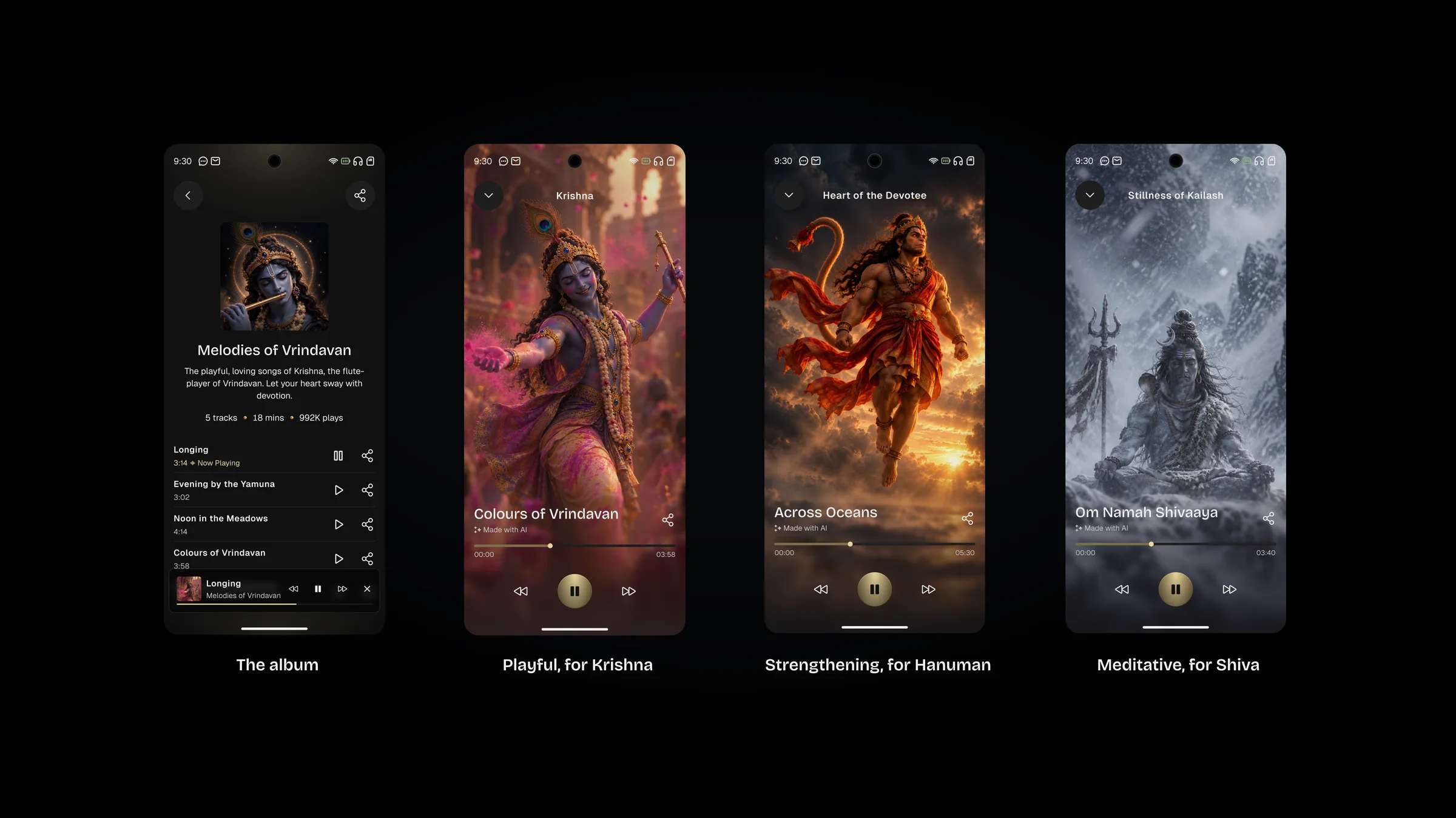 Devotional music inside Reva: AI-made albums for Krishna, Hanuman and Shiva, each tuned to a mood